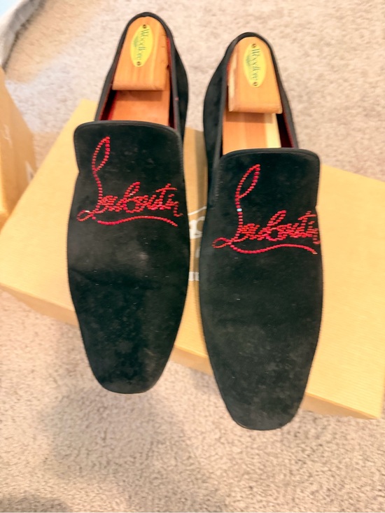 Christian Louboutin Black Suede Slip-On Loafers with Red Script Detailing